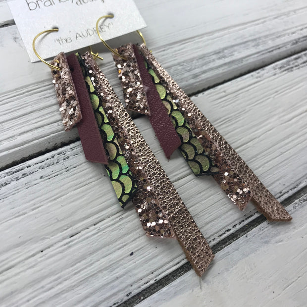 AUDREY - Leather Earrings  ||   ROSE GOLD GLITTER, MATTE CRANBERRY, METALLIC MERMAID PINK/GREEN/GOLD, ROSE GOLD GLITTER, METALLIC ROSE GOLD PEBBLED