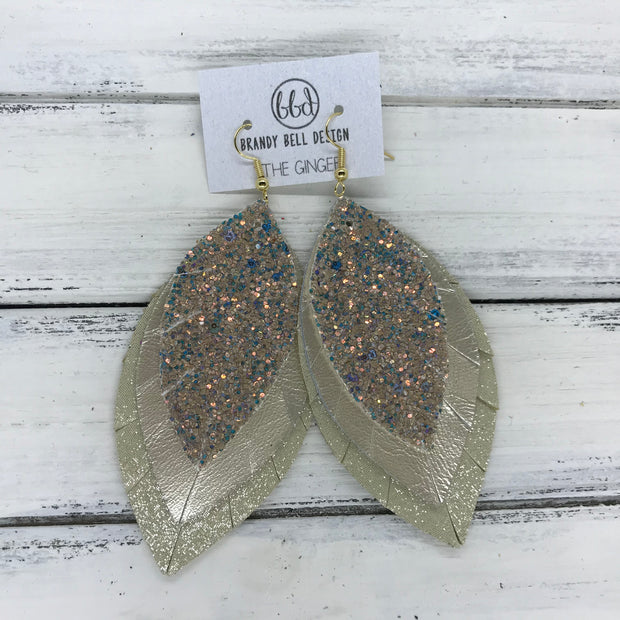 GINGER - Leather Earrings  ||  <BR>  GLAMOUR GLITTER (NOT REAL LEATHER) <BR> METALLIC CHAMPAGNE SMOOTH <BR> SHIMMER GOLD