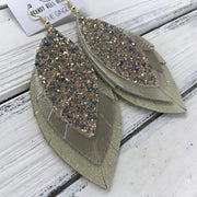 GINGER - Leather Earrings  ||  <BR>  GLAMOUR GLITTER (NOT REAL LEATHER) <BR> METALLIC CHAMPAGNE SMOOTH <BR> SHIMMER GOLD