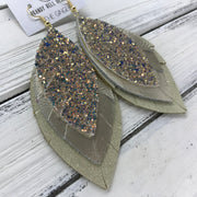 GINGER - Leather Earrings  ||  <BR>  GLAMOUR GLITTER (NOT REAL LEATHER) <BR> METALLIC CHAMPAGNE SMOOTH <BR> SHIMMER GOLD