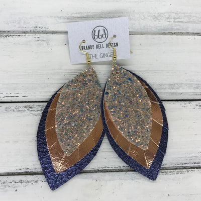 GINGER - Leather Earrings  ||  <BR>  GLAMOUR GLITTER (NOT REAL LEATHER) <BR> METALLIC COPPER SMOOTH <BR> METALLIC NAVY PEBBLED