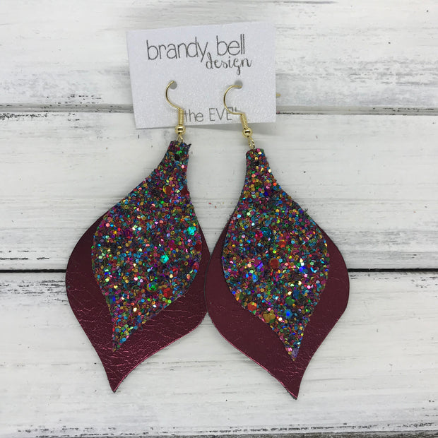 EVE - Leather Earrings  || <BR> GUMDROPS & LOLLIPOPS GLITTER (NOT REAL LEATHER) , <BR> METALLIC CRANBERRY