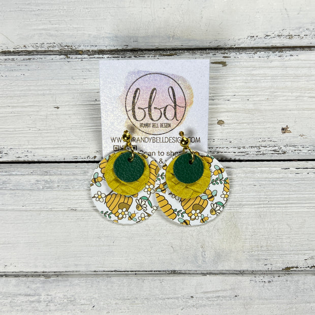 GRAY -  Leather Earrings  ||   <BR>MATTE EMERALD GREEN, <BR>  YELLOW BRAID, <BR> BEE HIVE PRINT (FAUX LEATHER)