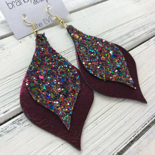 EVE - Leather Earrings  || <BR> GUMDROPS & LOLLIPOPS GLITTER (NOT REAL LEATHER) , <BR> METALLIC CRANBERRY