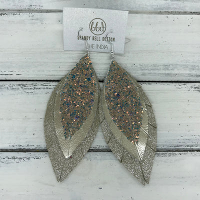 INDIA - Leather Earrings  ||   <BR> GLAMOUR GLITTER (NOT REAL LEATHER), <BR> METALLIC CHAMPAGNE SMOOTH, <BR> SHIMMER TAUPE
