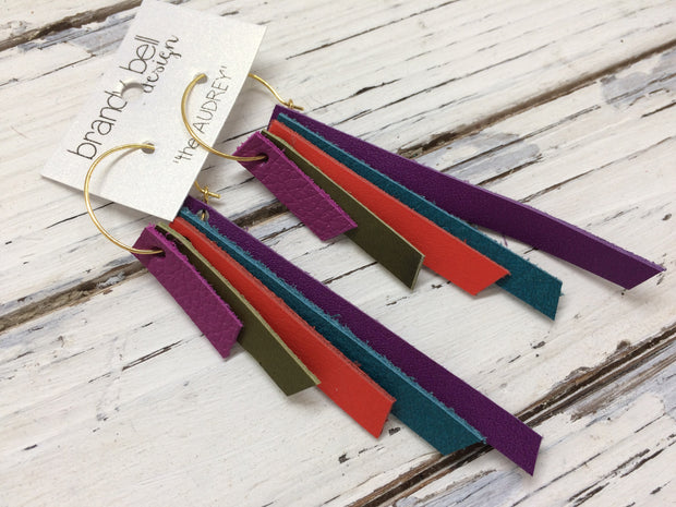 AUDREY - Leather Earrings  || Fuchsia, Olive, Orange, Dark Teal, Dark Purple