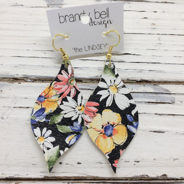 MAE - Leather Earrings  || FLORAL WITH BLACK BACKGROUND