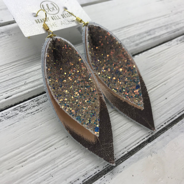 ALLIE -  Leather Earrings  ||  <BR> GLAMOUR GLITTER (NOT REAL LEATHER), <BR> METALLIC ROSE GOLD SMOOTH