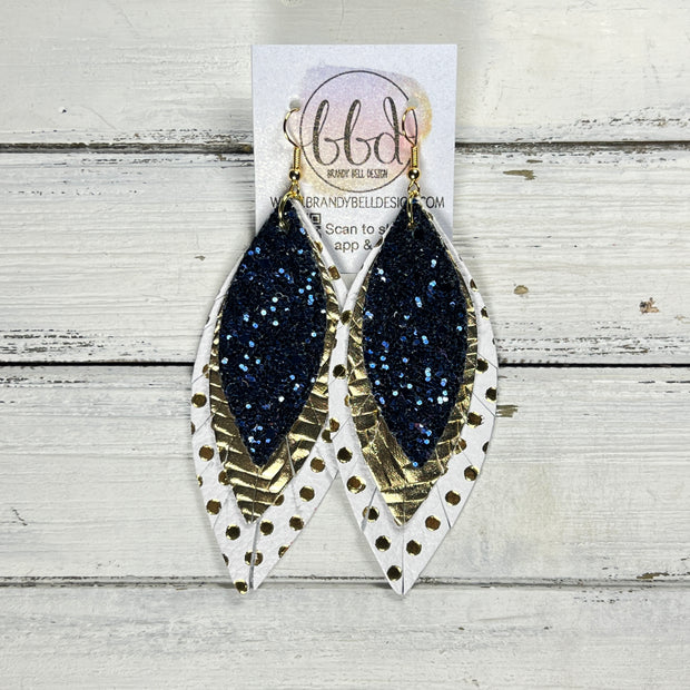 INDIA - Leather Earrings   ||  <BR>  NAVY BLUE GLITTER (FAUX LEATHER),  <BR> METALLIC GOLD BRAID, <BR> METALLIC GOLD ON WHITE POLKADOT