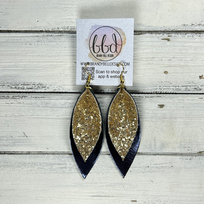 ALLIE -  Leather Earrings  ||   <BR> GOLD GLITTER (FAUX LEATHER), <BR> METALLIC NAVY BLUE