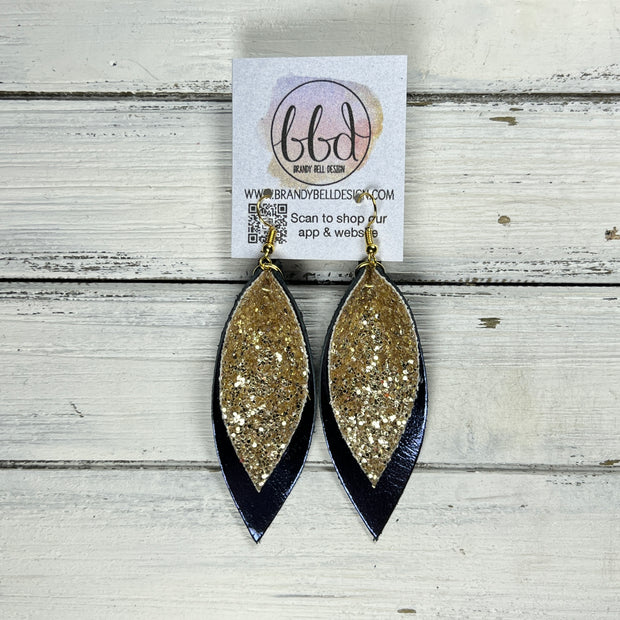 ALLIE -  Leather Earrings  ||   <BR> GOLD GLITTER (FAUX LEATHER), <BR> METALLIC NAVY BLUE