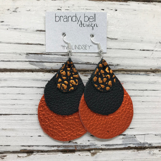 LINDSEY - Leather Earrings  ||   METALLIC ORANGE & BLACK BISON, MATTE BLACK, METALLIC ORANGE PEBBLED