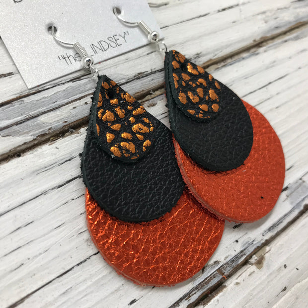 LINDSEY - Leather Earrings  ||   METALLIC ORANGE & BLACK BISON, MATTE BLACK, METALLIC ORANGE PEBBLED