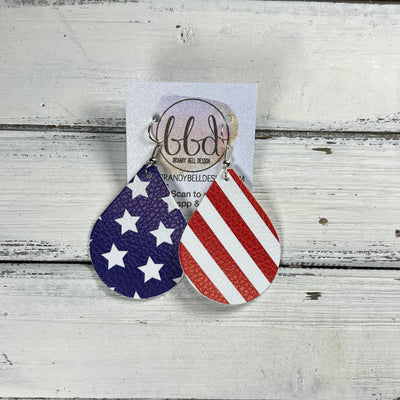 ZOEY (3 sizes available!) -  Leather Earrings  ||  BLUE & WHITE STARS + RED & WHITE STRIPE (FAUX LEATHER)