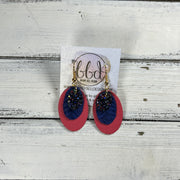 DIANE -  Leather Earrings  ||  <BR> CITY LIGHTS GLITTER (FAUX LEATHER), <BR> COBALT BLUE BRAID, <BR> MATTE CORAL/PINK
