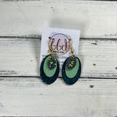 DIANE -  Leather Earrings  ||  <BR> FOREST GLITTER (FAUX LEATHER), <BR> MINT GREEN PALMS, <BR> SHIMMER TEAL
