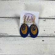 DIANE -  Leather Earrings  ||  <BR> GUMDROPS & LOLLIPOPS GLITTER (FAUX LEATHER), <BR> MUSTARD BRAID, <BR> COBALT BLUE PALMS