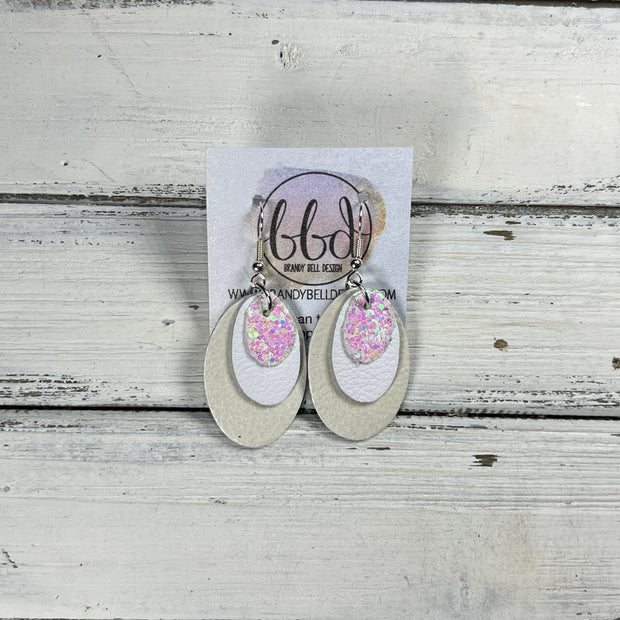 DIANE -  Leather Earrings  ||  <BR> COTTON CANDY GLITTER (FAUX LEATHER), <BR> MATTE WHITE, <BR> PEARL WHITE