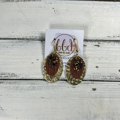 DIANE -  Leather Earrings  ||  <BR> AUTUMN HARVEST GLITTER (FAUX LEATHER), <BR> RUST PALMS, <BR> METALLIC GOLD PANAMA WEAVE