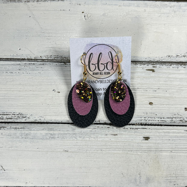 DIANE -  Leather Earrings  ||  <BR> AUTUMN HARVEST GLITTER (FAUX LEATHER), <BR> MATTE MAUVE, <BR> MATTE BLACK