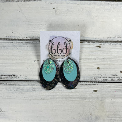 DIANE -  Leather Earrings  ||  <BR> AQUA GLITTER (FAUX LEATHER), <BR> MATTE ROBINS EGG BLUE, <BR> IRIDESCENT NORTHERN LIGHTS