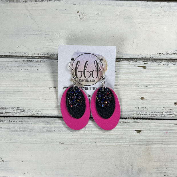 DIANE -  Leather Earrings  ||  <BR> CITY LIGHTS GLITTER (FAUX LEATHER), <BR> MATTE BLACK, <BR> MATTE NEON PINK