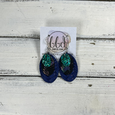DIANE -  Leather Earrings  ||  <BR> EMERALD BAY GLITTER (FAUX LEATHER), <BR> IRIDESCENT NORTHERN LIGHTS, <BR> COBALT BLUE BRAID
