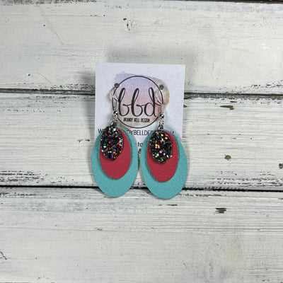 DIANE -  Leather Earrings  ||  <BR> GUMDROPS & LOLLIPOPS GLITTER (FAUX LEATHER), <BR> MATTE CORAL/PINK, <BR> MATTE ROBINS EGG BLUE