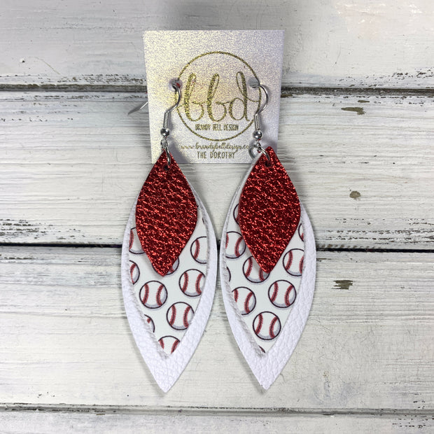 DOROTHY - Leather Earrings  ||  <BR> METALLIC RED PEBBLED, <BR>  BASEBALLS ON WHITE(FAUX LEATHER), <BR> MATTE WHITE (CUSTOM COLORS AVAILABLE!)