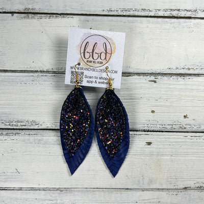 ALLIE -  Leather Earrings  ||   <BR> CITY LIGHTS GLITTER (FAUX LEATHER), <BR> COBALT BLUE BRAID