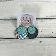 GRAY -  Leather Earrings  ||  <BR> AQUA GLITTER (FAUX LEATHER), <BR> MATTE ROBINS EGG BLUE, <BR> ANTIQUE MERMAID