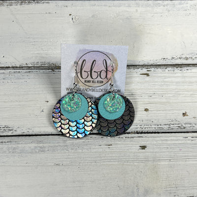 GRAY -  Leather Earrings  ||  <BR> AQUA GLITTER (FAUX LEATHER), <BR> MATTE ROBINS EGG BLUE, <BR> ANTIQUE MERMAID