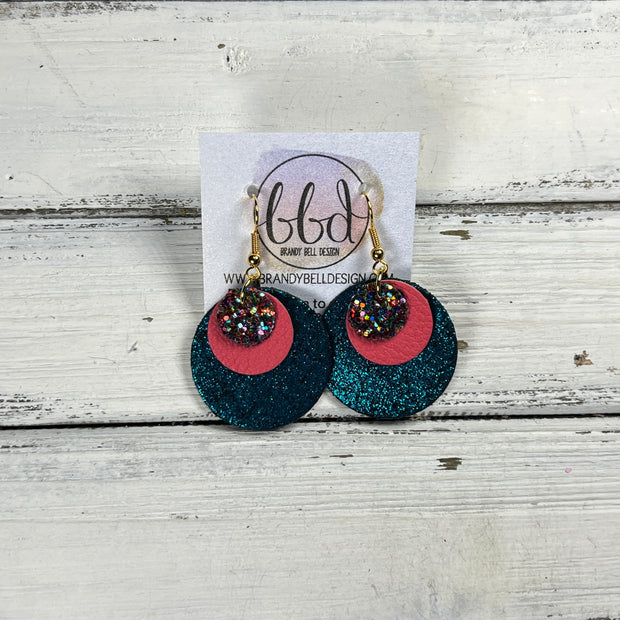 GRAY -  Leather Earrings  ||  <BR> GUMDROPS & LOLLIPOPS GLITTER (FAUX LEATHER), <BR> MATTE CORAL/PINK, <BR> SHIMMER TEAL