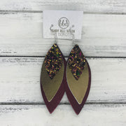 DOROTHY - Leather Earrings  ||  <BR> AUTUMN HARVEST GLITTER (NOT REAL LEATHER) <BR> METALLIC GOLD SMOOTH <BR> METALLIC CRANBERRY SMOOTH