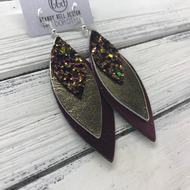 DOROTHY - Leather Earrings  ||  <BR> AUTUMN HARVEST GLITTER (NOT REAL LEATHER) <BR> METALLIC GOLD SMOOTH <BR> METALLIC CRANBERRY SMOOTH
