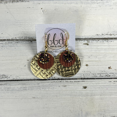 GRAY -  Leather Earrings  ||  <BR> AUTUMN HARVEST GLITTER (FAUX LEATHER), <BR> RUST PALMS, <BR> METALLIC GOLD PANAMA WEAVE