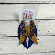 ANDY -  Leather Earrings  || <BR> GUMDROPS & LOLLIPOPS GLITTER (FAUX LEATHER), <BR> MUSTARD BRAID, <BR> COBALT BLUE PALMS