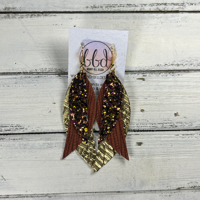 ANDY -  Leather Earrings  ||  <BR> AUTUMN HARVEST GLITTER (FAUX LEATHER), <BR> RUST PALMS, <BR> METALLIC GOLD PANAMA WEAVE