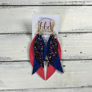 ANDY -  Leather Earrings  || <BR> CITY LIGHTS GLITTER (FAUX LEATHER), <BR> COBALT BLUE BRAID, <BR> MATTE CORAL/PINK