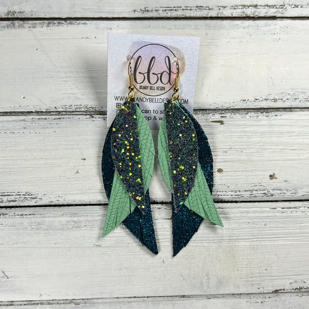 ANDY -  Leather Earrings  || <BR> FOREST GLITTER (FAUX LEATHER), <BR> MINT GREEN PALMS, <BR> SHIMMER TEAL