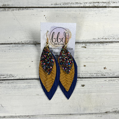 DOROTHY -  Leather Earrings  || <BR> GUMDROPS & LOLLIPOPS GLITTER (FAUX LEATHER), <BR> MUSTARD BRAID, <BR> COBALT BLUE PALMS