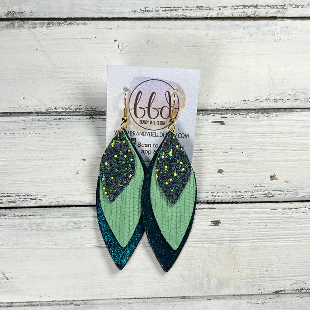 DOROTHY -  Leather Earrings  || <BR> FOREST GLITTER (FAUX LEATHER), <BR> MINT GREEN PALMS, <BR> SHIMMER TEAL