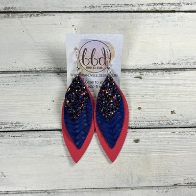 DOROTHY -  Leather Earrings  || <BR> CITY LIGHTS GLITTER (FAUX LEATHER), <BR> COBALT BLUE BRAID, <BR> MATTE CORAL/PINK
