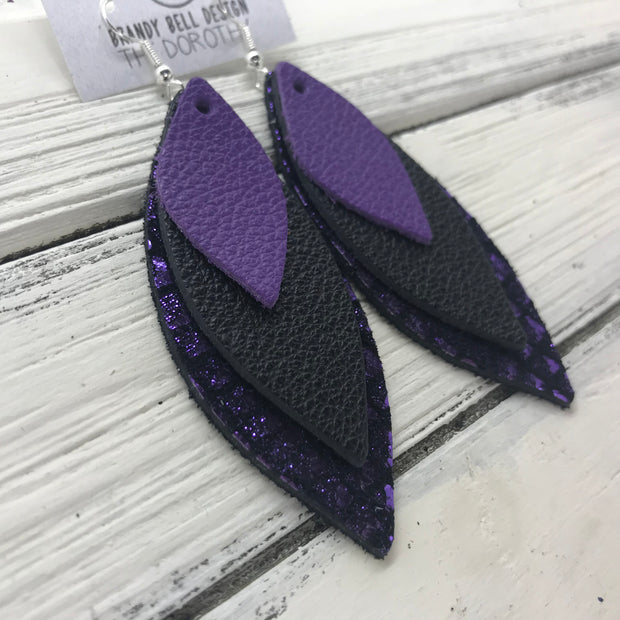DOROTHY - Leather Earrings  ||  <BR> MATTE PURPLE, <BR> MATTE BLACK, <BR> METALLIC PURPLE MERMAID