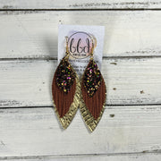 DOROTHY -  Leather Earrings  ||  <BR> AUTUMN HARVEST GLITTER (FAUX LEATHER), <BR> RUST PALMS, <BR> METALLIC GOLD PANAMA WEAVE