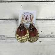 LINDSEY -  Leather Earrings  ||  <BR> AUTUMN HARVEST GLITTER (FAUX LEATHER), <BR> RUST PALMS, <BR> METALLIC GOLD PANAMA WEAVE