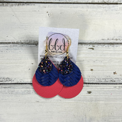 LINDSEY -  Leather Earrings  || <BR> CITY LIGHTS GLITTER (FAUX LEATHER), <BR> COBALT BLUE BRAID, <BR> MATTE CORAL/PINK