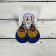 LINDSEY -  Leather Earrings  || <BR> GUMDROPS & LOLLIPOPS GLITTER (FAUX LEATHER), <BR> MUSTARD BRAID, <BR> COBALT BLUE PALMS