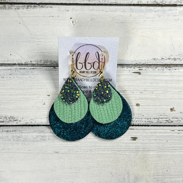 LINDSEY -  Leather Earrings  || <BR> FOREST GLITTER (FAUX LEATHER), <BR> MINT GREEN PALMS, <BR> SHIMMER TEAL