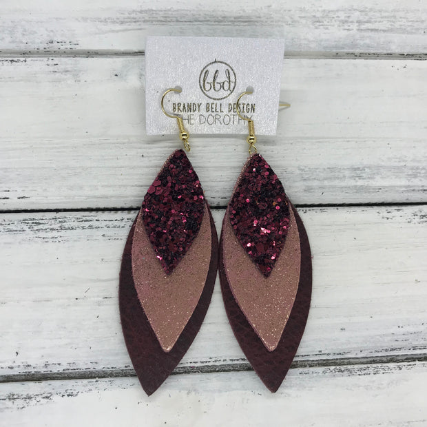 DOROTHY - Leather Earrings  ||  <BR> BURGUNDY GLITTER (NOT REAL LEATHER), <BR> SHIMMER VINTAGE PINK, <BR> DISTRESSED MERLOT